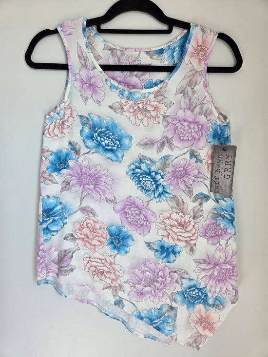 Ruff Hewn Tops - Ruff Hewn White Watercolor Floral Print Tank Top Asymmetrical Hem XS Rayon Blend